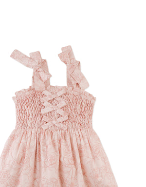Savannah Floral Toile Print Dress with Smocked and Velvet Bows Bodice close-up detail