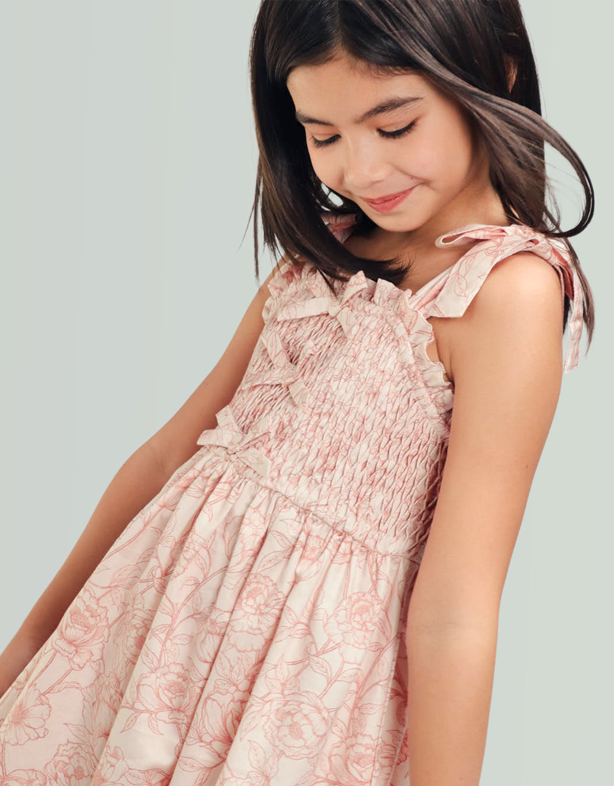 Savannah Floral Toile Print Dress with Smocked and Velvet Bows Bodice back view