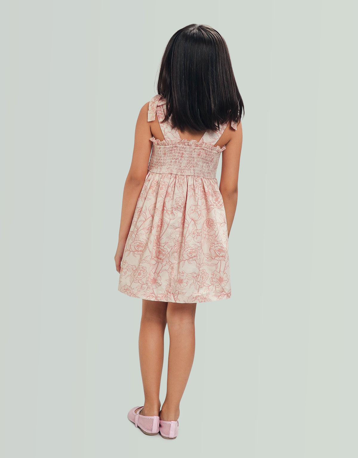 Savannah Floral Toile Print Dress with Smocked and Velvet Bows Bodice model view