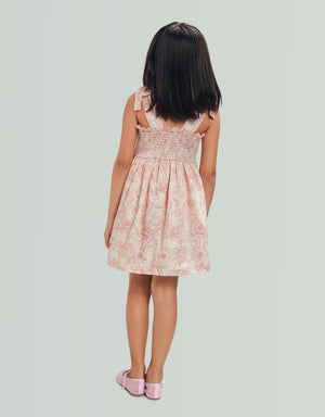 Savannah Floral Toile Print Dress with Smocked and Velvet Bows Bodice model view