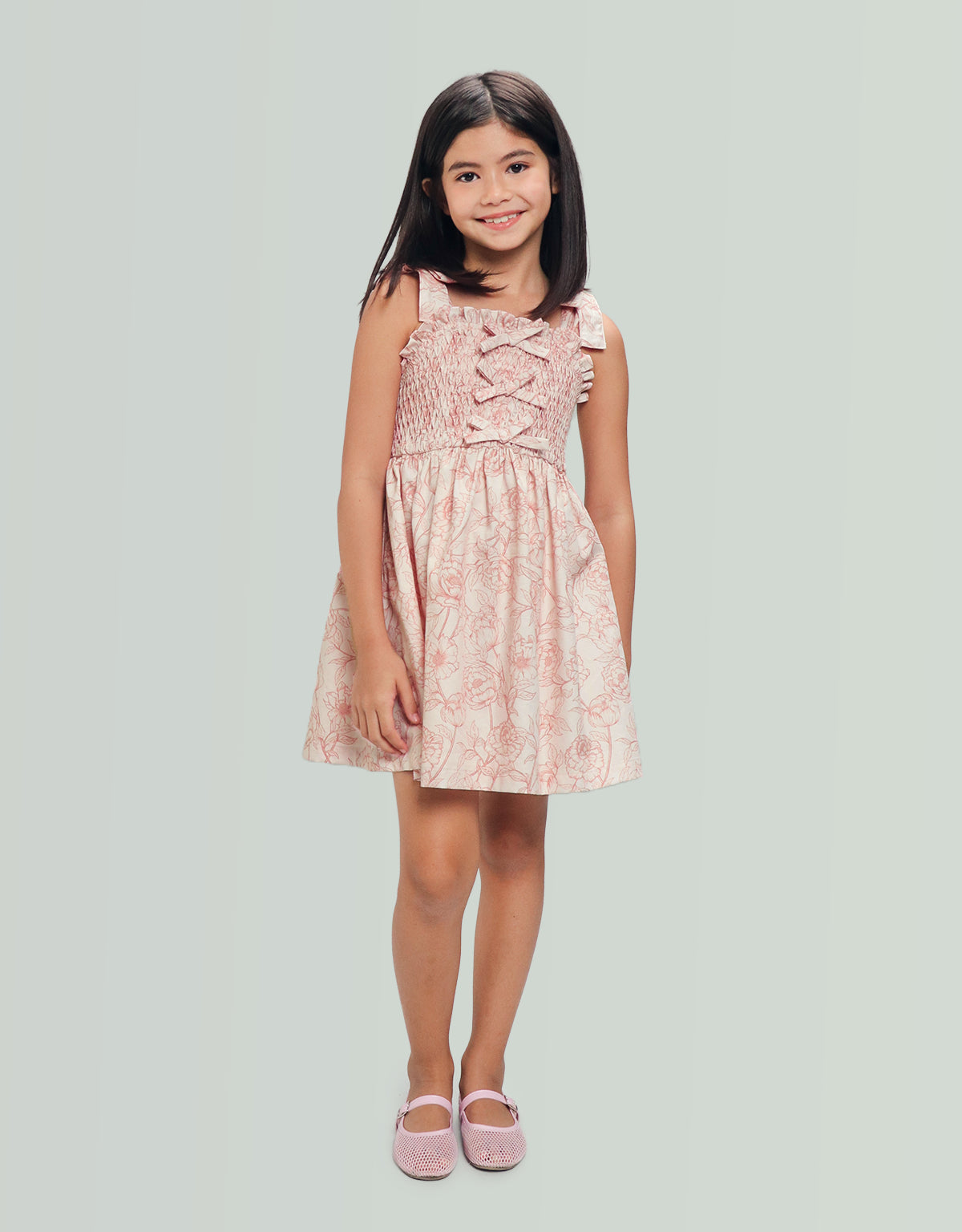 Savannah Floral Toile Print Dress with Smocked and Velvet Bows Bodice lifestyle view