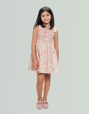 Savannah Floral Toile Print Dress with Smocked and Velvet Bows Bodice lifestyle view