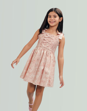 Savannah Floral Toile Print Dress with Smocked and Velvet Bows Bodice product photo