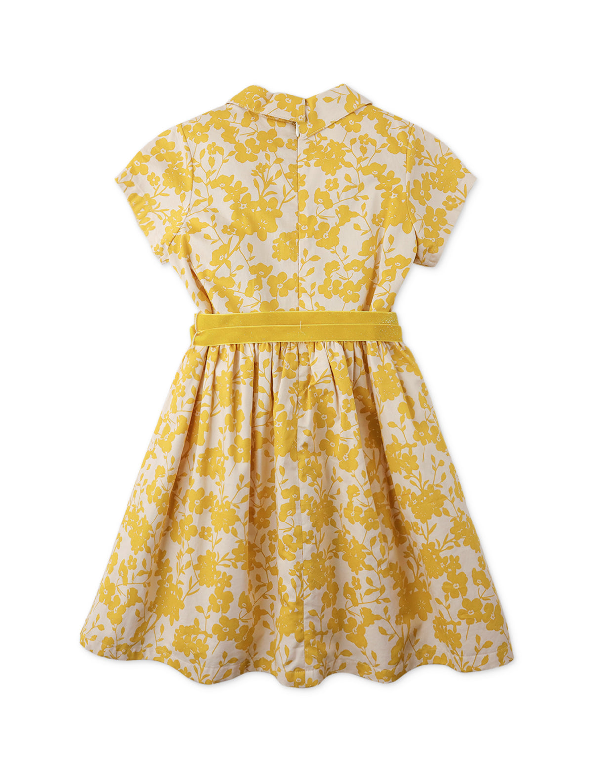 GIRLS FLORAL PRINT WAISTED DRESS WITH COLLAR AND SASH