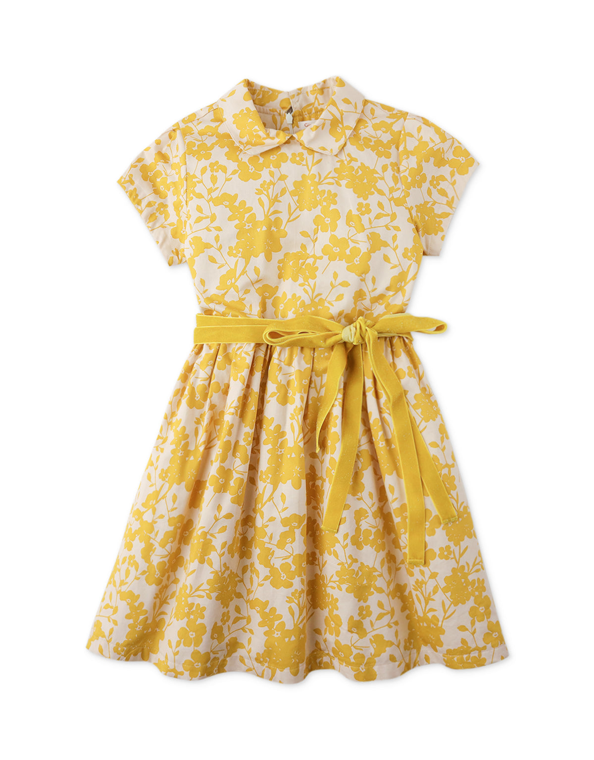 GIRLS FLORAL PRINT WAISTED DRESS WITH COLLAR AND SASH