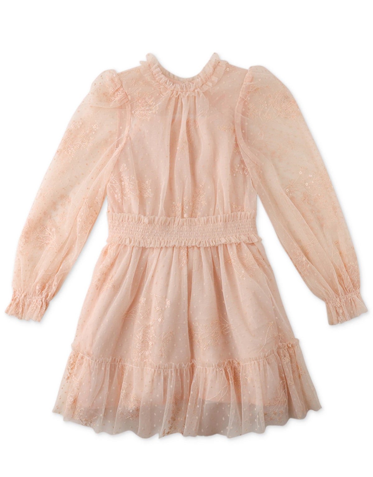 GIRLS LONG SLEEVES DRESS WITH SMOCKED WAIST AND FRILLS