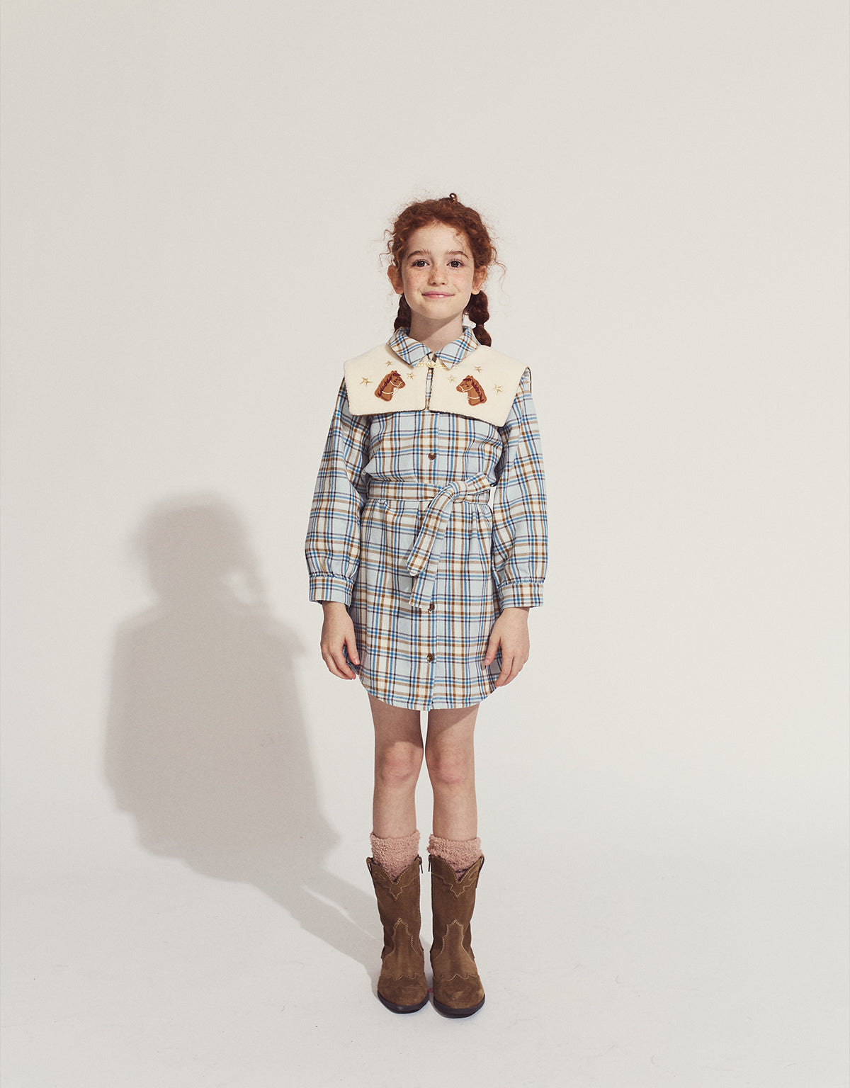 MILDRED LONG SLEEVES SHIRT DRESS WITH HORSE EMBROIDERED DETACHABLE COLLAR