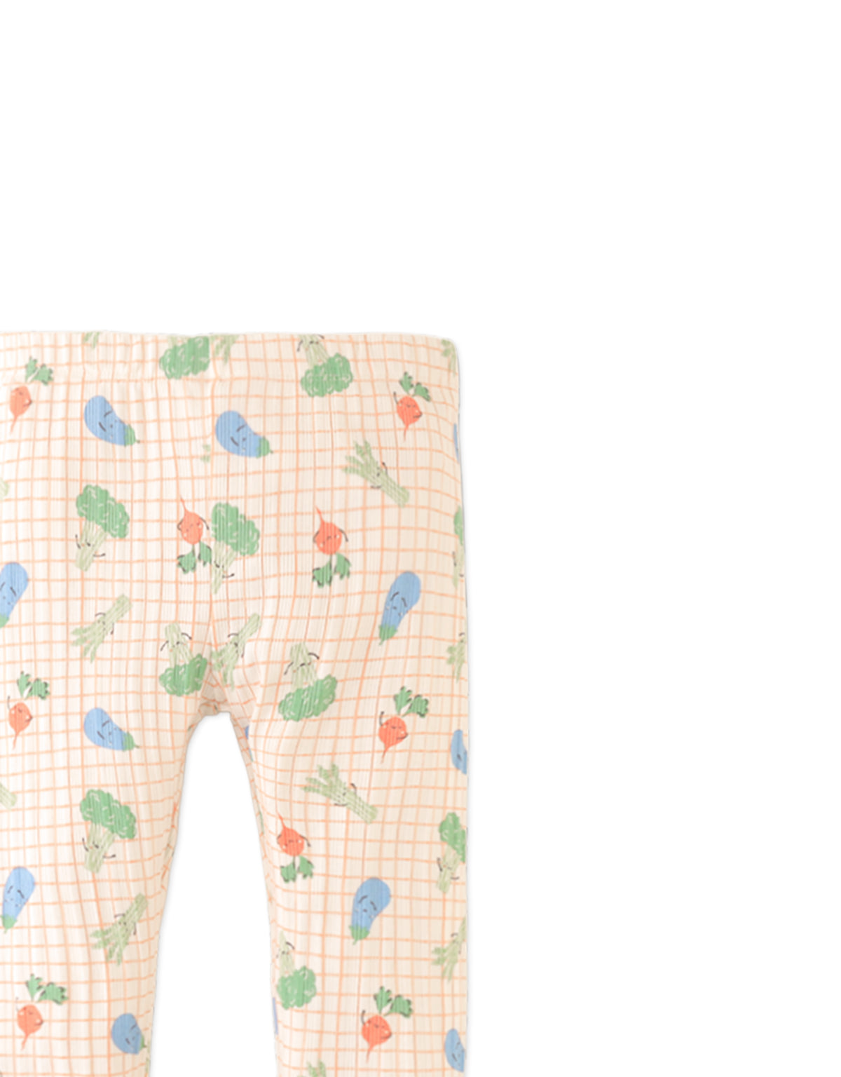 Zoya Ribbed Leggings in Orange with All-Over Veggie Print close-up detail