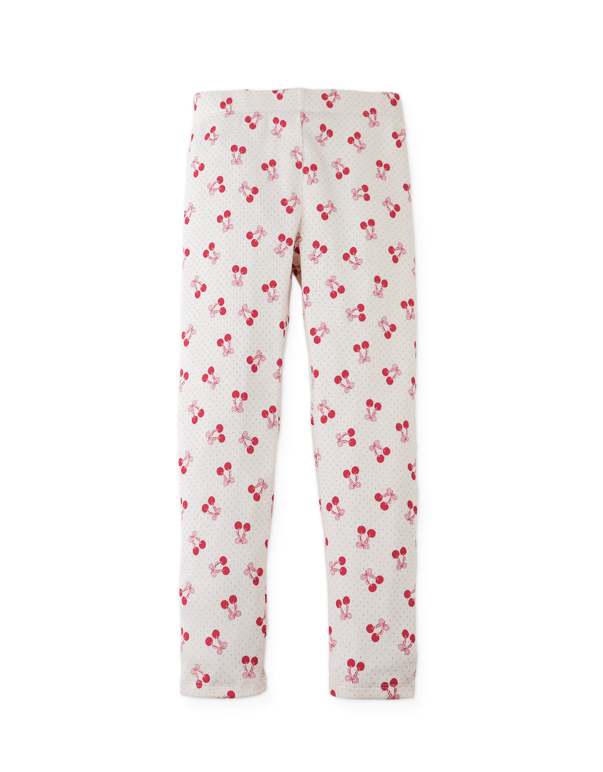 Details front photo of Lucia Leggings with all-over cherry print, showing vibrant cherry motifs and smooth elastic waistband, from the Holiday collection of Filipino kids fashion brand Gingersnaps Philippines.