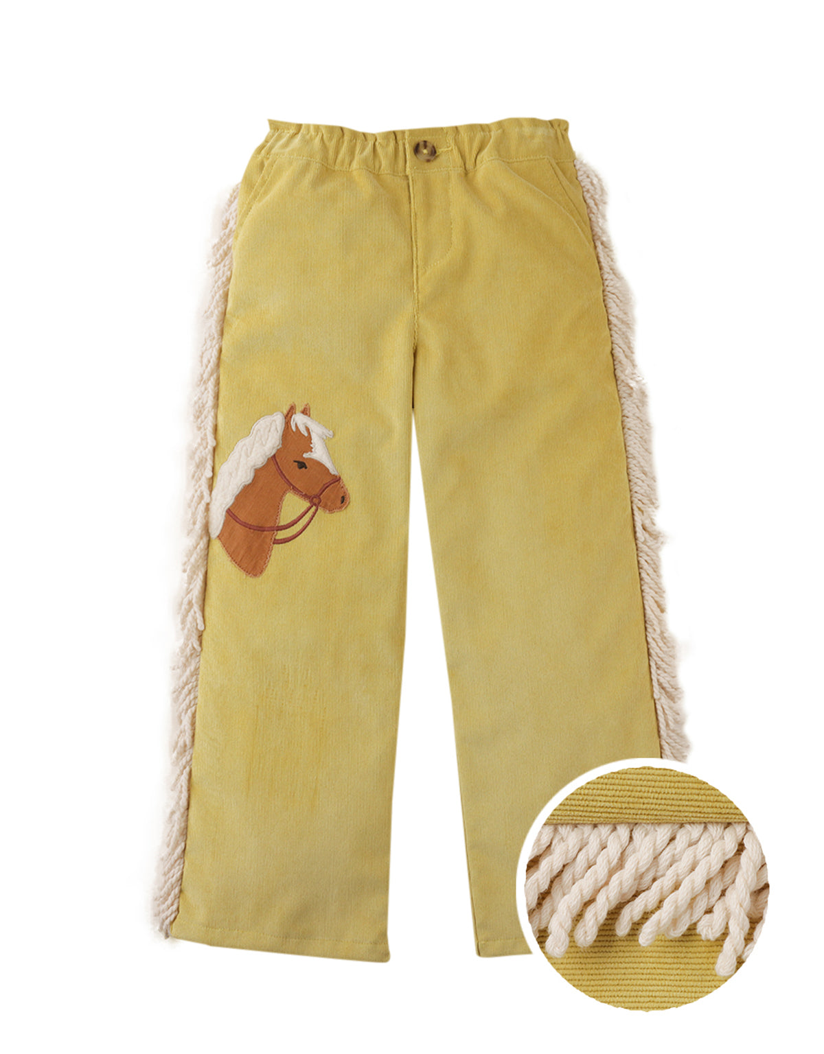 MARION PULL-ON PANTS GOLD WITH APPLIQUÉ HORSE AND SIDE FRINGE ACCENTS