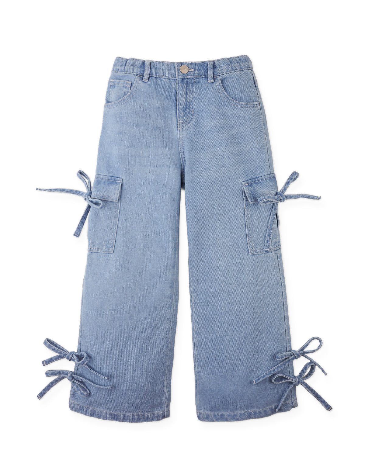 KIRA WIDE LEG DENIM JEANS WITH CARGO POCKETS AND BOW APPLIQUE