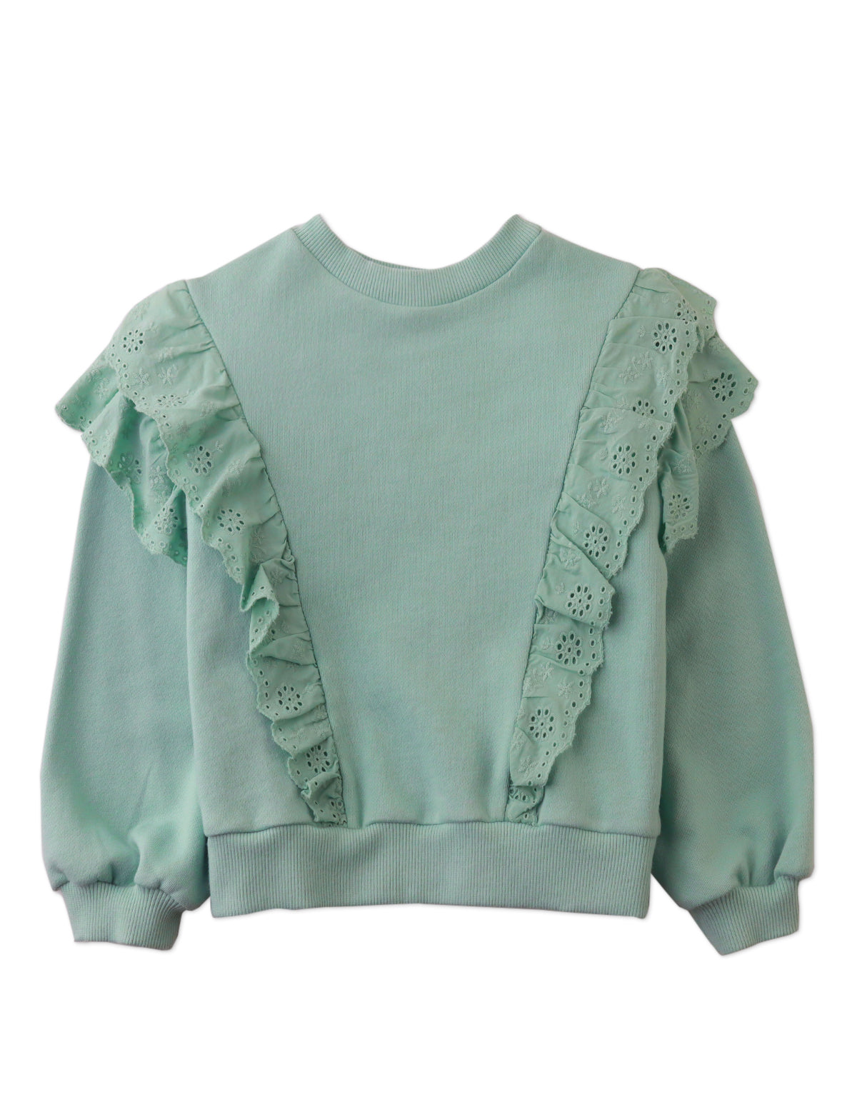 AMALIA PULLOVER SEAFOAM WITH RUFFLED EYELET TRIM ON BODY AND SLEEVES