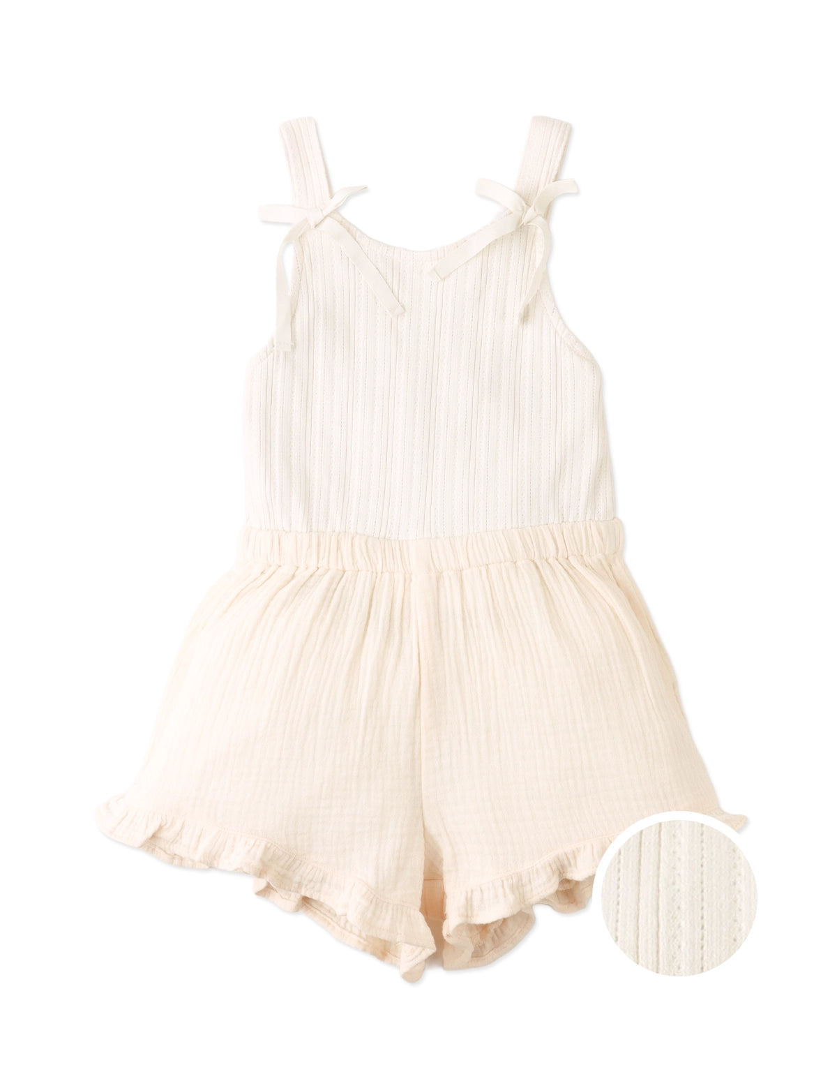 RICA POINTELLE BODICE STRAPPY PLAYSUIT WITH MUSLIN SHORTS, RUFFLED HEM AND BOWS