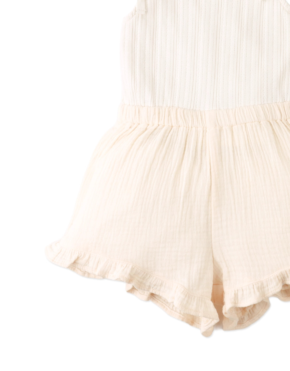Rica Pointelle Bodice Strappy Playsuit With Muslin Shorts, Ruffled Hem And Bows style detail