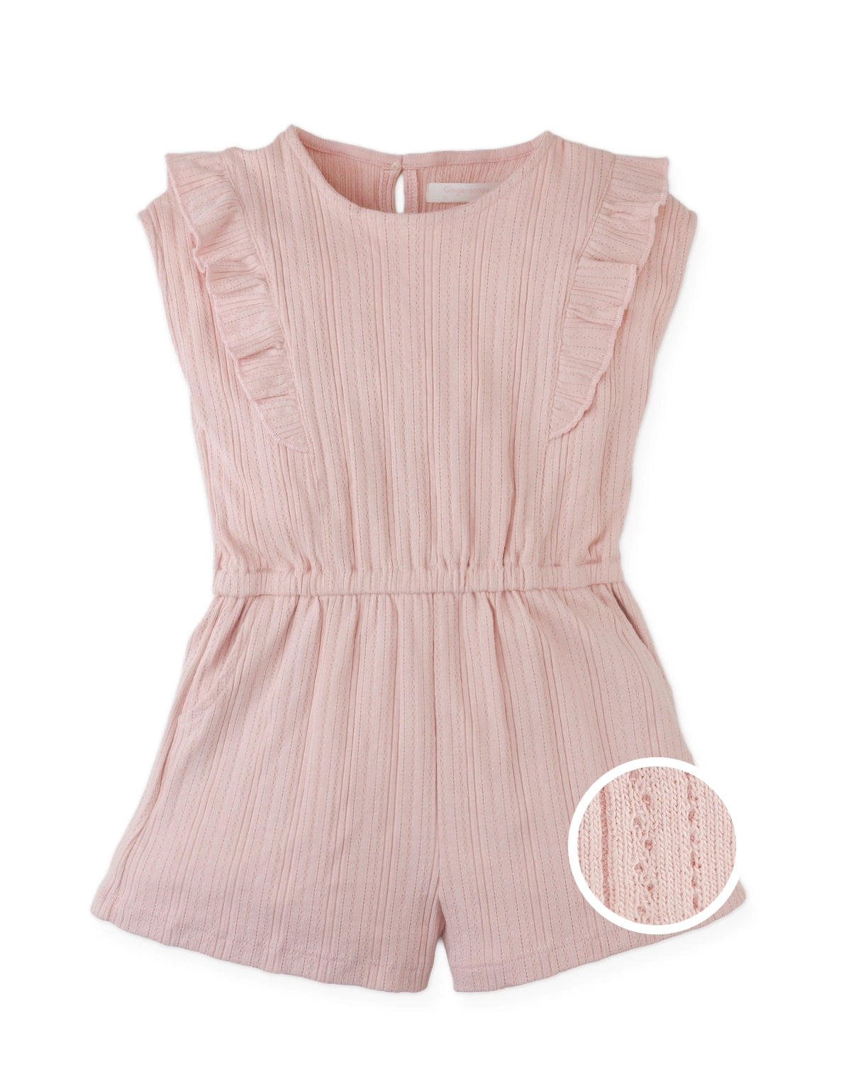 Campaign photo of the Fleur Sleeveless Playsuit with Ruffle Details from the Pastel Cherry Chic for Girls collection