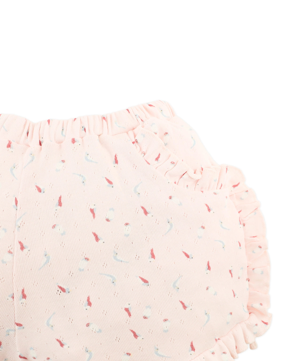 Dina Pointelle Shorts with All-Over Bird Print and Ruffles close-up detail