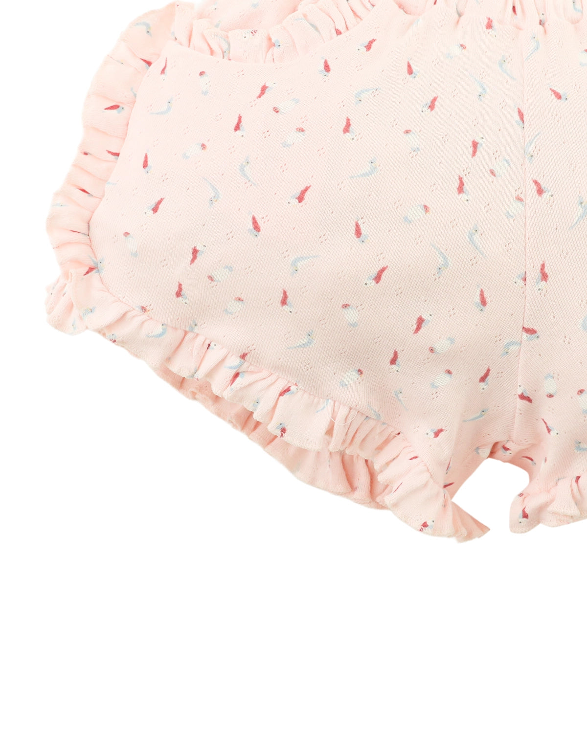 Dina Pointelle Shorts with All-Over Bird Print and Ruffles style detail