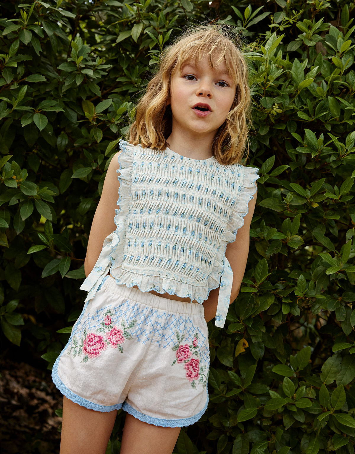 Nelly Cross-Stitch Shorts with Lace Trims front view