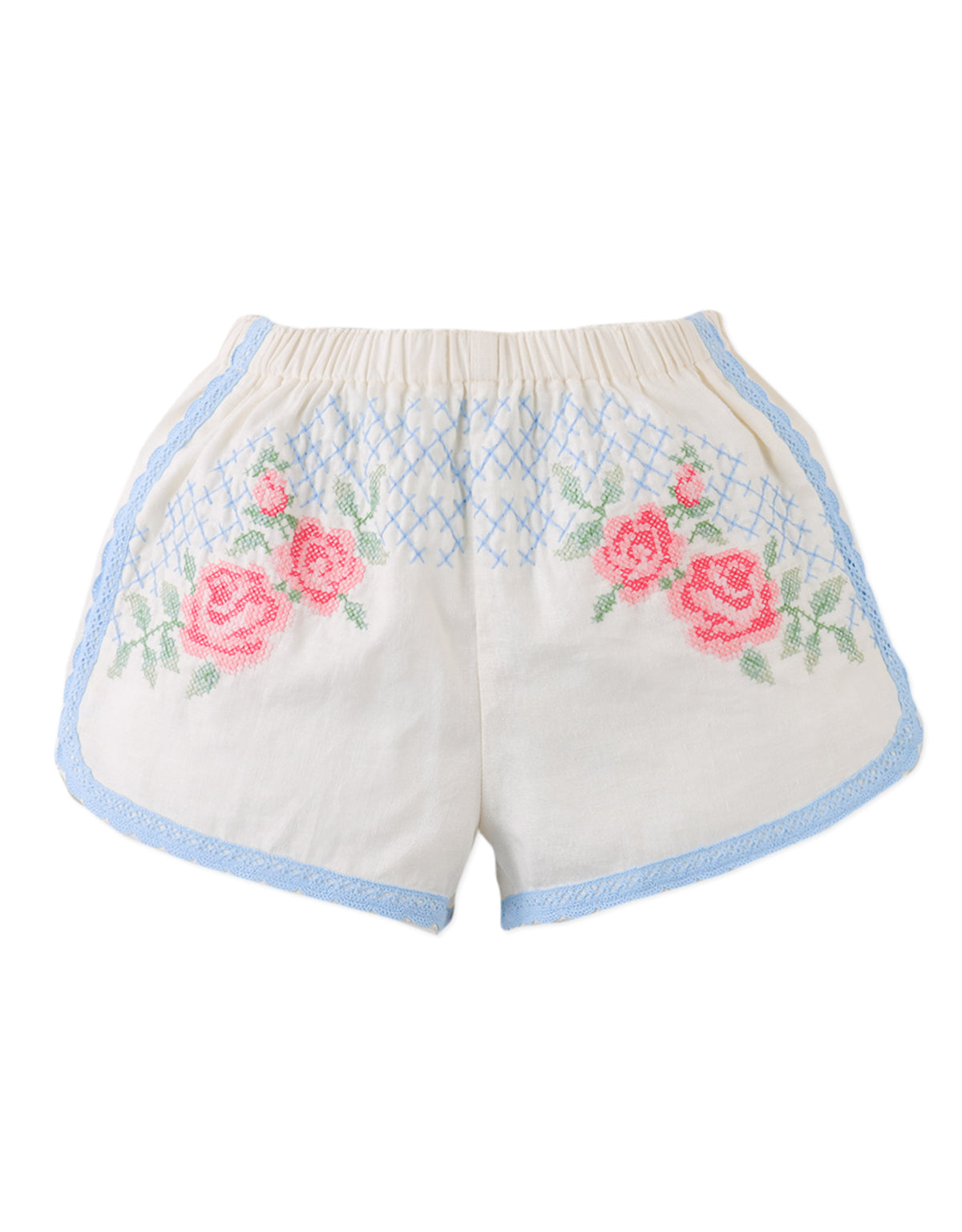 Nelly Cross-Stitch Shorts with Lace Trims close-up detail
