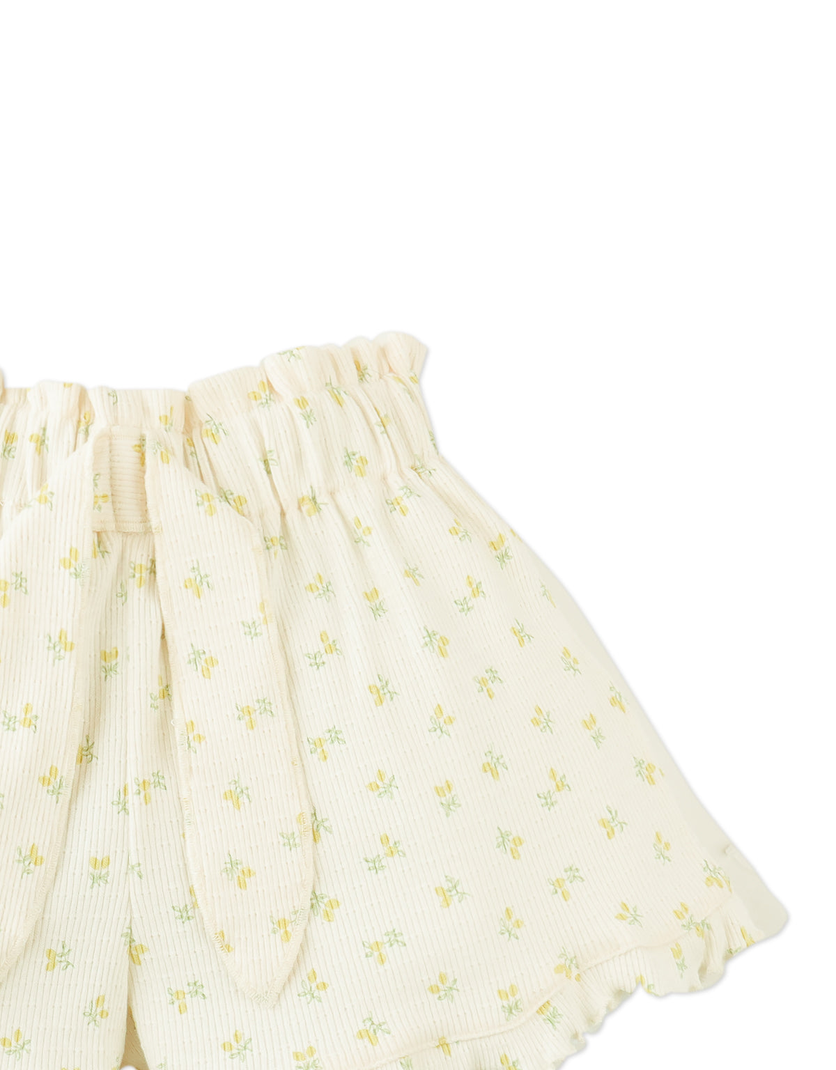 Mikey Pointelle Pull-On Shorts With A Paperbag Waistband, Ties, And Ruffled Hem close-up detail