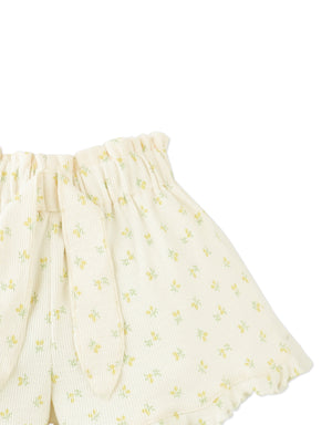 Mikey Pointelle Pull-On Shorts With A Paperbag Waistband, Ties, And Ruffled Hem close-up detail