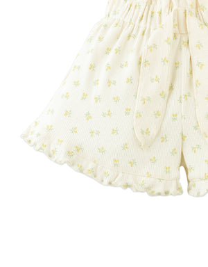 Mikey Pointelle Pull-On Shorts With A Paperbag Waistband, Ties, And Ruffled Hem style detail