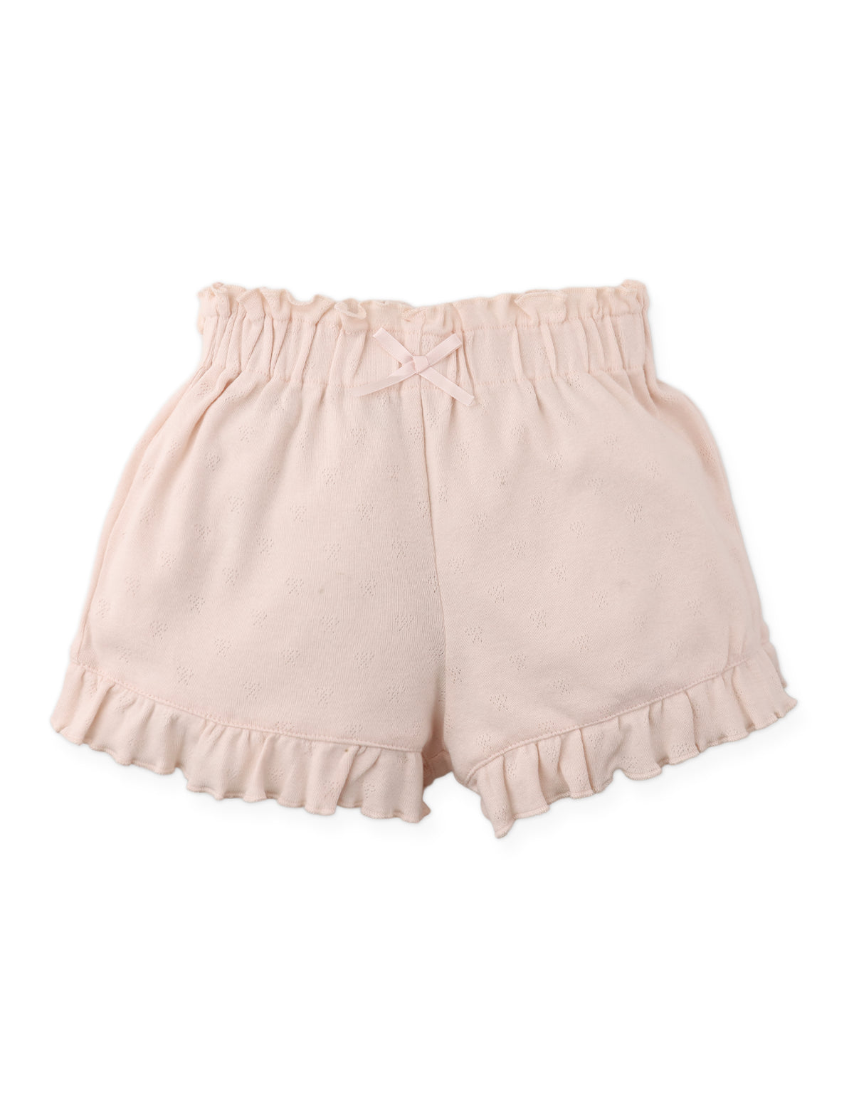 Details front photo of Faye Shorts with waistband and bow applique in pink, showing elasticized waistband and playful bow applique detail, from the Holiday collection of Filipino kids fashion brand Gingersnaps Philippines.