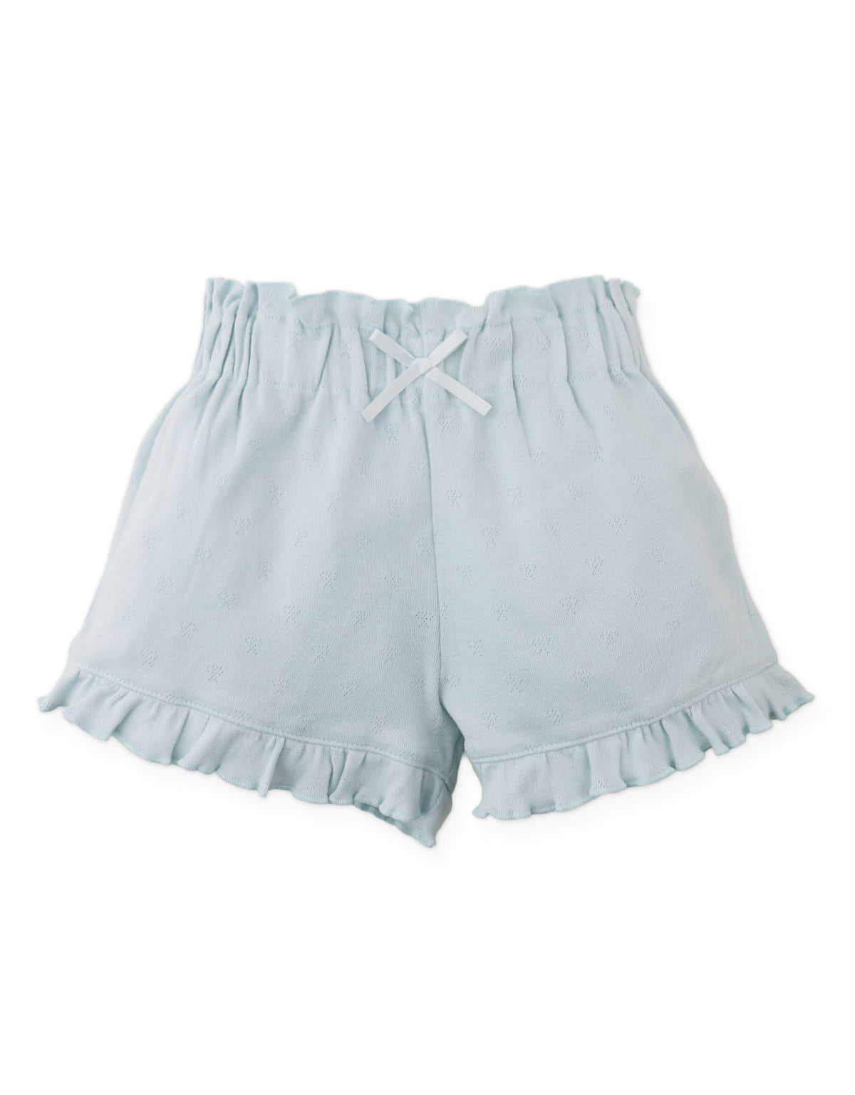 Details front photo of Faye Shorts with waistband and bow applique in pastel blue, showing soft elasticized waistband and delicate bow applique, from the Holiday collection of Filipino kids fashion brand Gingersnaps Philippines.