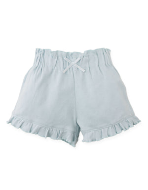 Details front photo of Faye Shorts with waistband and bow applique in pastel blue, showing soft elasticized waistband and delicate bow applique, from the Holiday collection of Filipino kids fashion brand Gingersnaps Philippines.