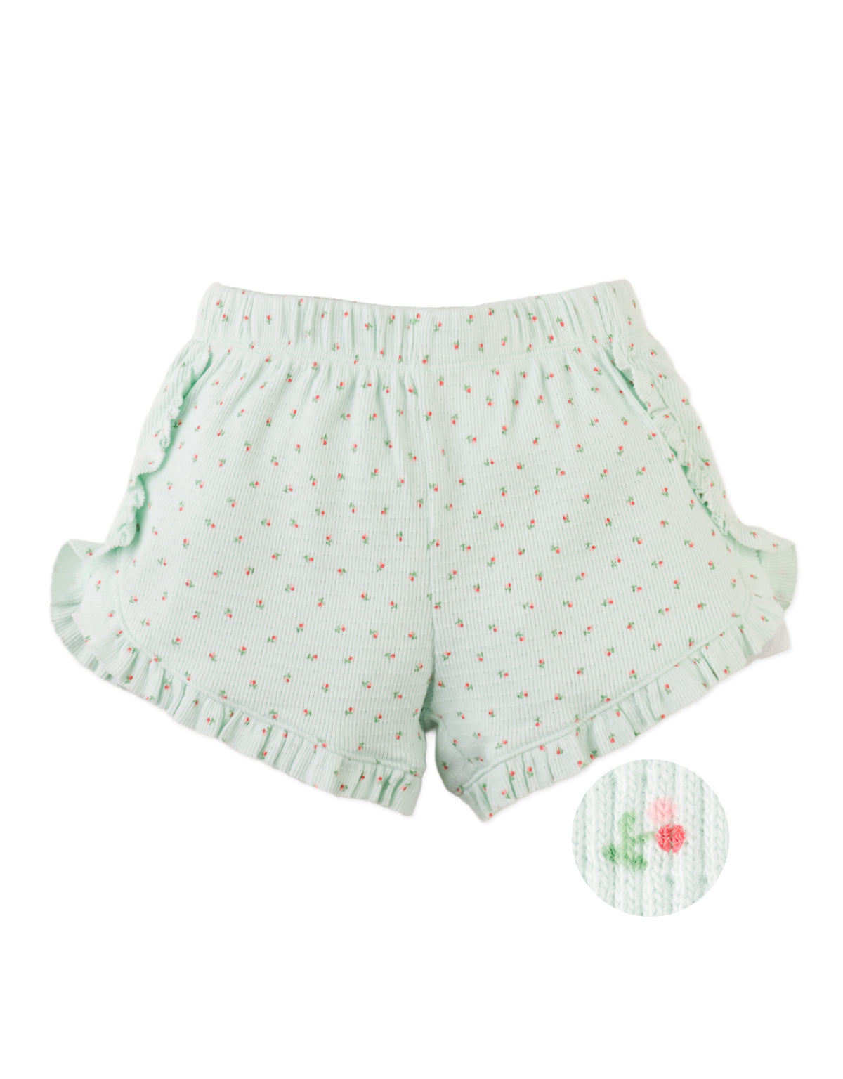 Campaign photo of the Sylvie Shorts with Ruffles from the Pastel Cherry Chic for Girls collection, featuring playful flutter hems and a soft pastel print.
