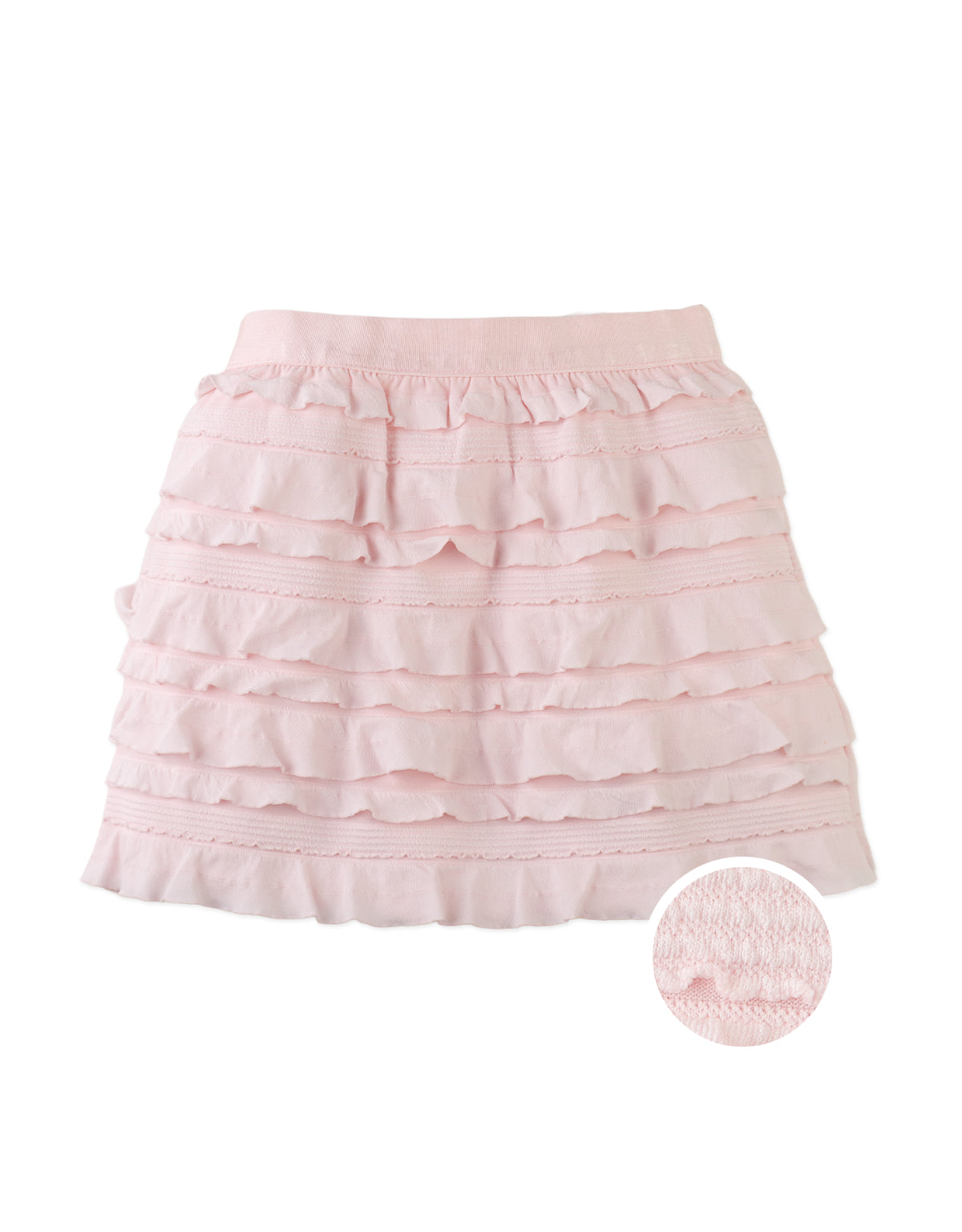 Campaign photo of the Maisie Jersey Skorts with All-Over Ruffles from the Pastel Cherry Chic for Girls collection, featuring