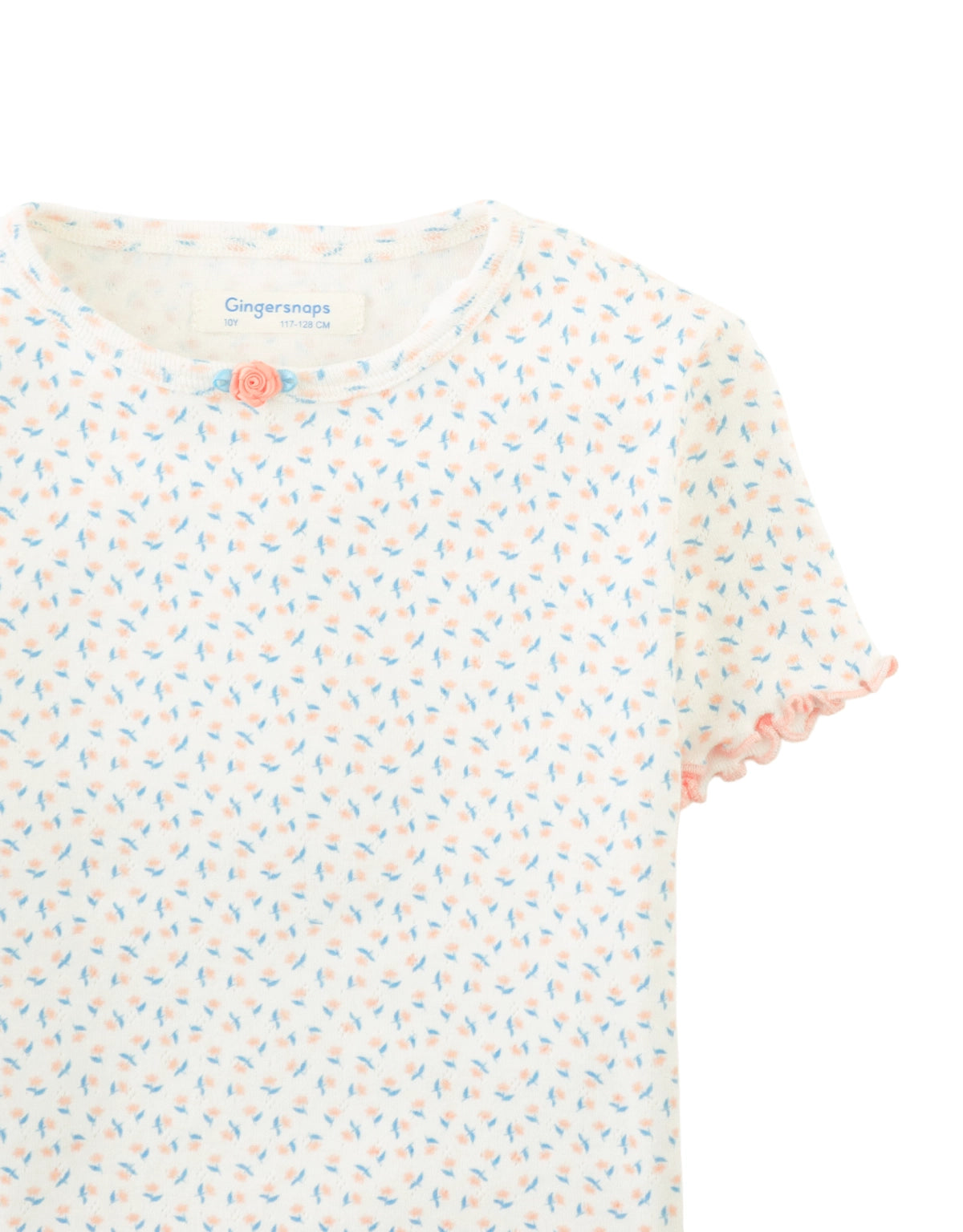 Anya Pointelle Tee with All-Over Floral Print and Satin Bow in Off-White close-up detail