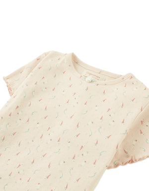 Anya Pointelle Tee with All-Over Floral Print and Satin Bow in Peach front view