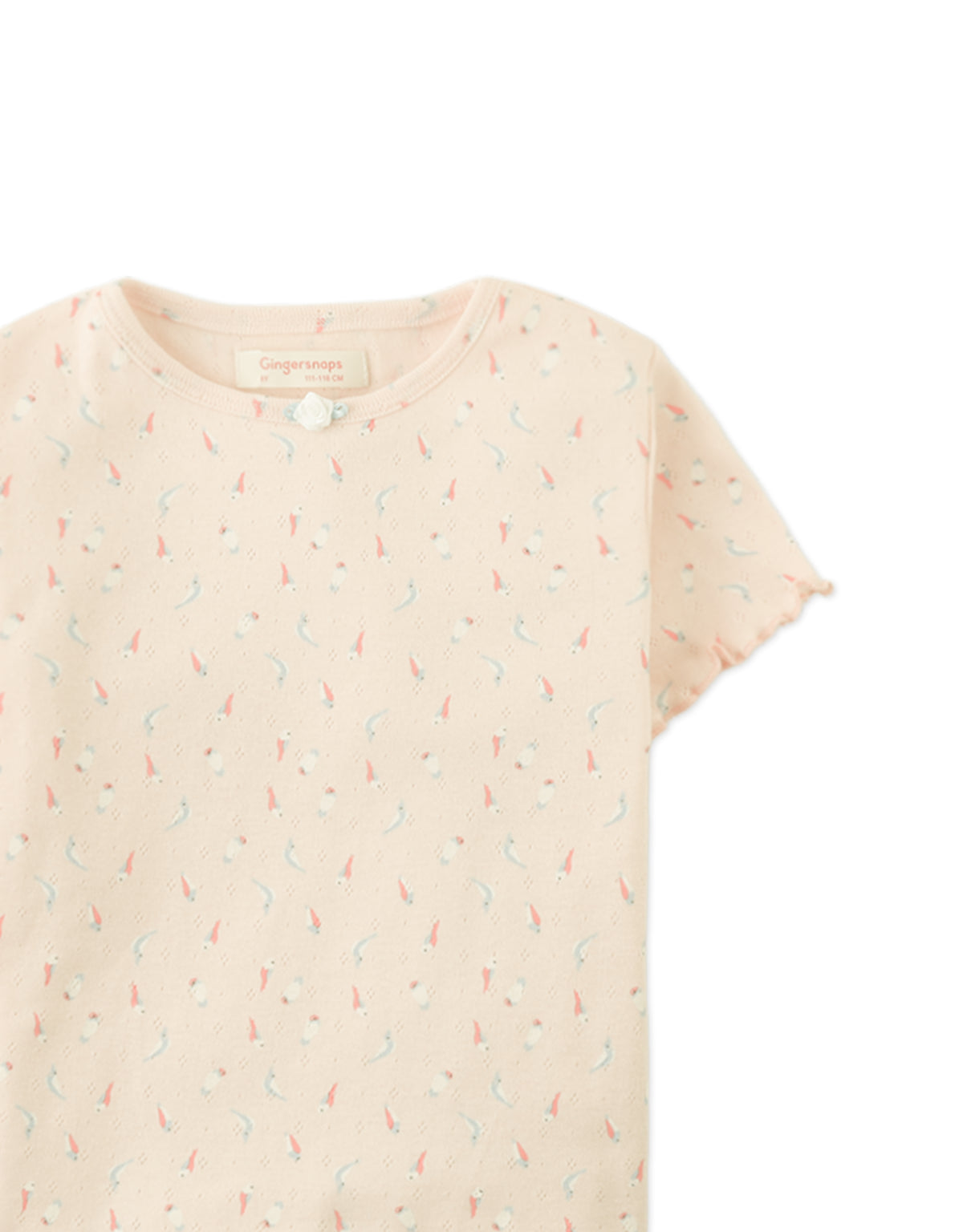 Anya Pointelle Tee with All-Over Floral Print and Satin Bow in Peach close-up detail