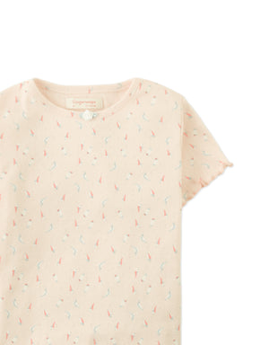 Anya Pointelle Tee with All-Over Floral Print and Satin Bow in Peach close-up detail