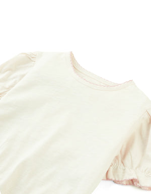 Nina Puff Sleeves Tee with Picot Edge Details in Off-White front view