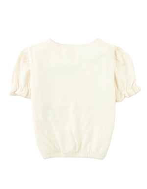 Nina Puff Sleeves Tee with Picot Edge Details in Off-White outfit styling