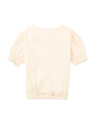 Nina Puff Sleeves Tee with Picot Edge Details in Peach outfit styling