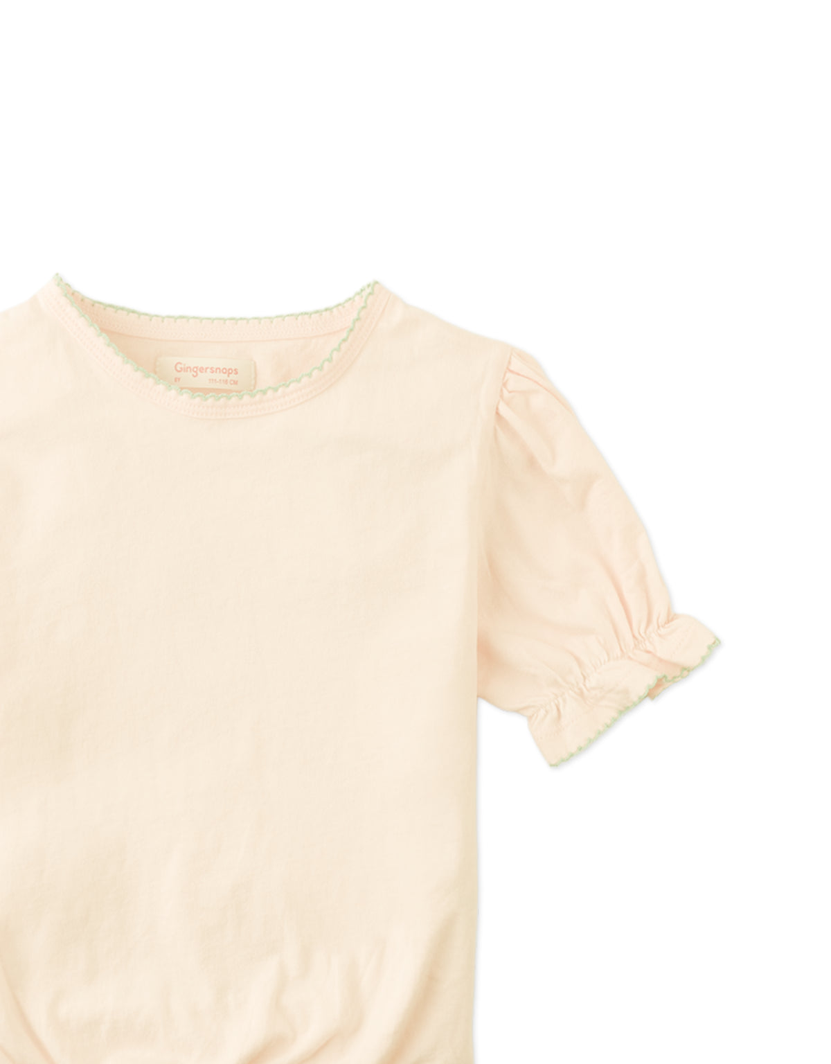 Nina Puff Sleeves Tee with Picot Edge Details in Peach close-up detail