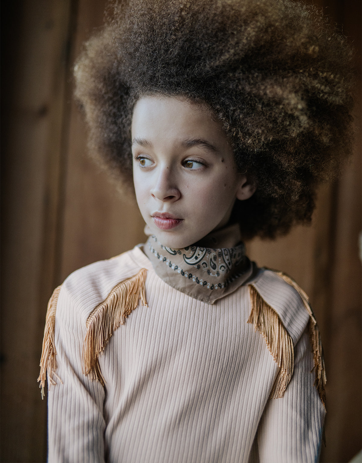 THERESE LONG SLEEVES TOP EGGNOG WITH CONTRAST FRINGE ACCENTS