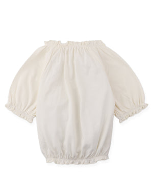 Details back photo of Maru T-Shirt with puff sleeves bow spot print, showing evenly spaced bow print and clean back seam, from the Holiday collection of Filipino kids fashion brand Gingersnaps Philippines.