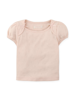 Details front photo of Suzie Cropped Top with bow applique in pink, showing soft fabric and charming bow applique accents, from the Holiday collection of Filipino kids fashion brand Gingersnaps Philippines.