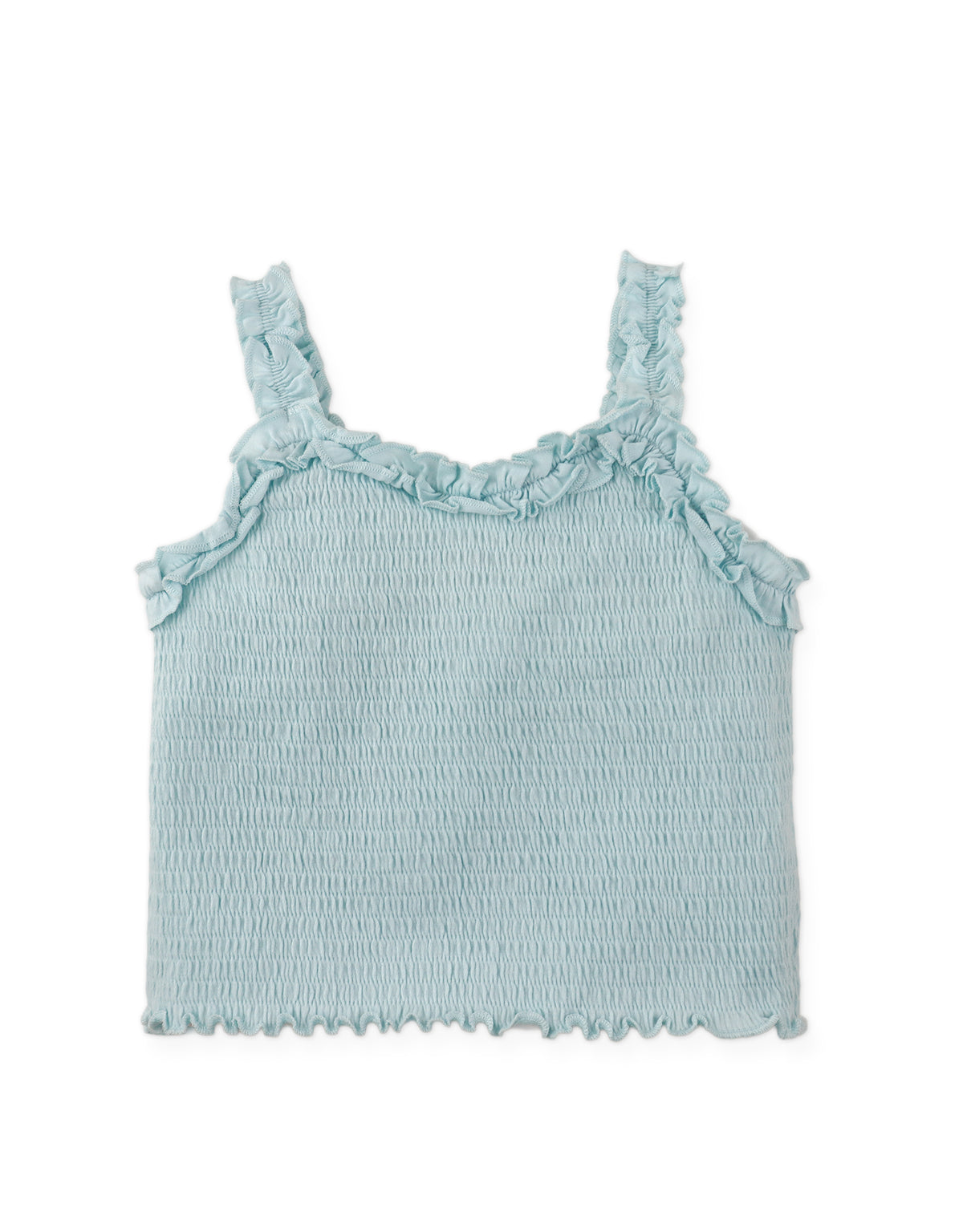 Details front photo of Gigi Fully Smocked Tank Top with set-in ruffles in pastel blue, showing smocked bodice texture and softly gathered ruffle details, from the Holiday collection of Filipino kids fashion brand Gingersnaps Philippines.