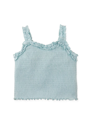 Details front photo of Gigi Fully Smocked Tank Top with set-in ruffles in pastel blue, showing smocked bodice texture and