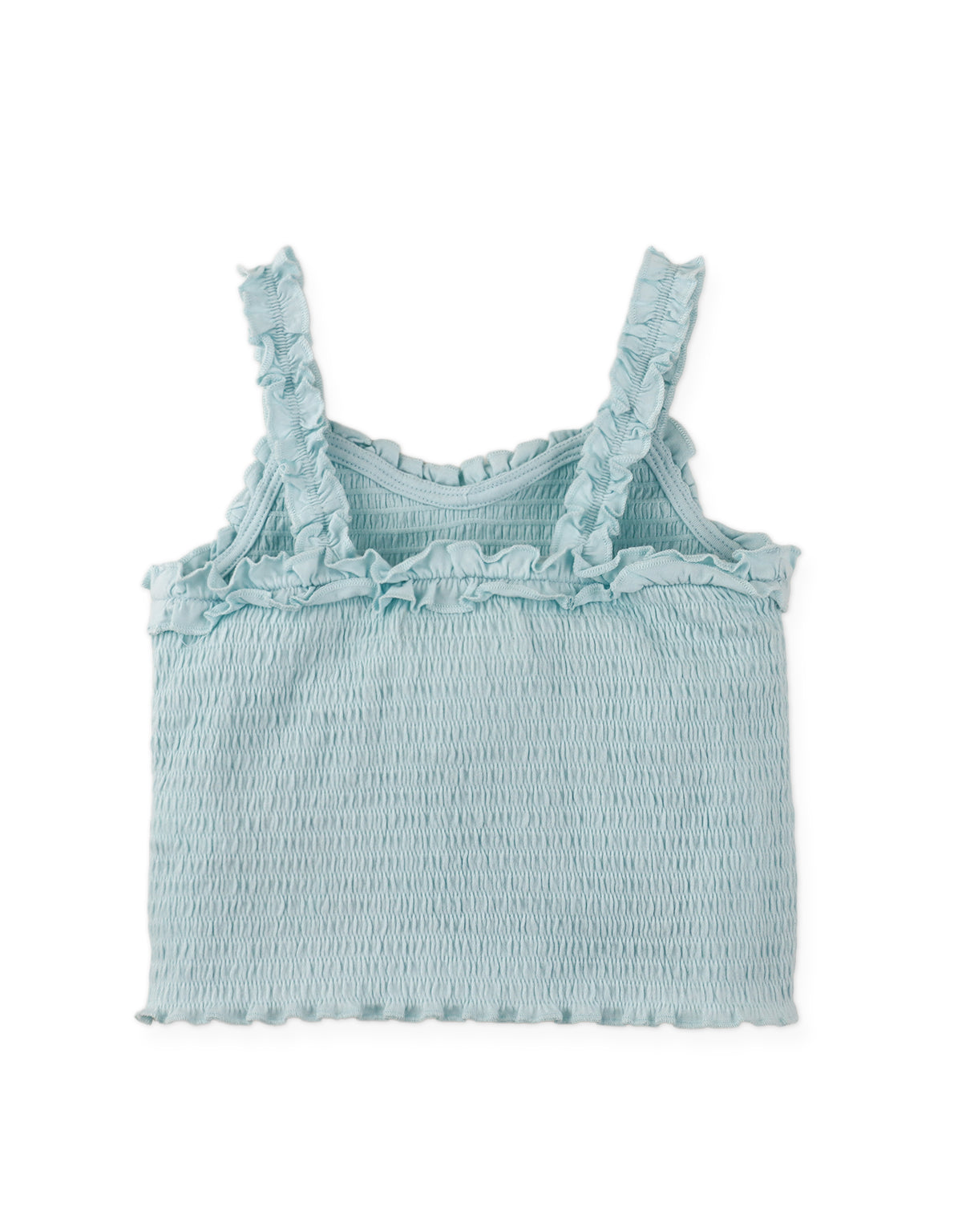 Details back photo of Gigi Fully Smocked Tank Top with set-in ruffles in pastel blue, showing elasticized smocking and clean