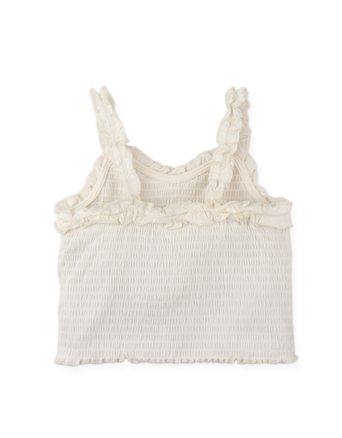 Details back photo of Gigi Fully Smocked Tank Top with set-in ruffles in off-white, showing flexible smocked construction and smooth back finish, from the Holiday collection of Filipino kids fashion brand Gingersnaps Philippines.