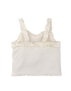 Details back photo of Gigi Fully Smocked Tank Top with set-in ruffles in off-white, showing flexible smocked construction and smooth back finish, from the Holiday collection of Filipino kids fashion brand Gingersnaps Philippines.