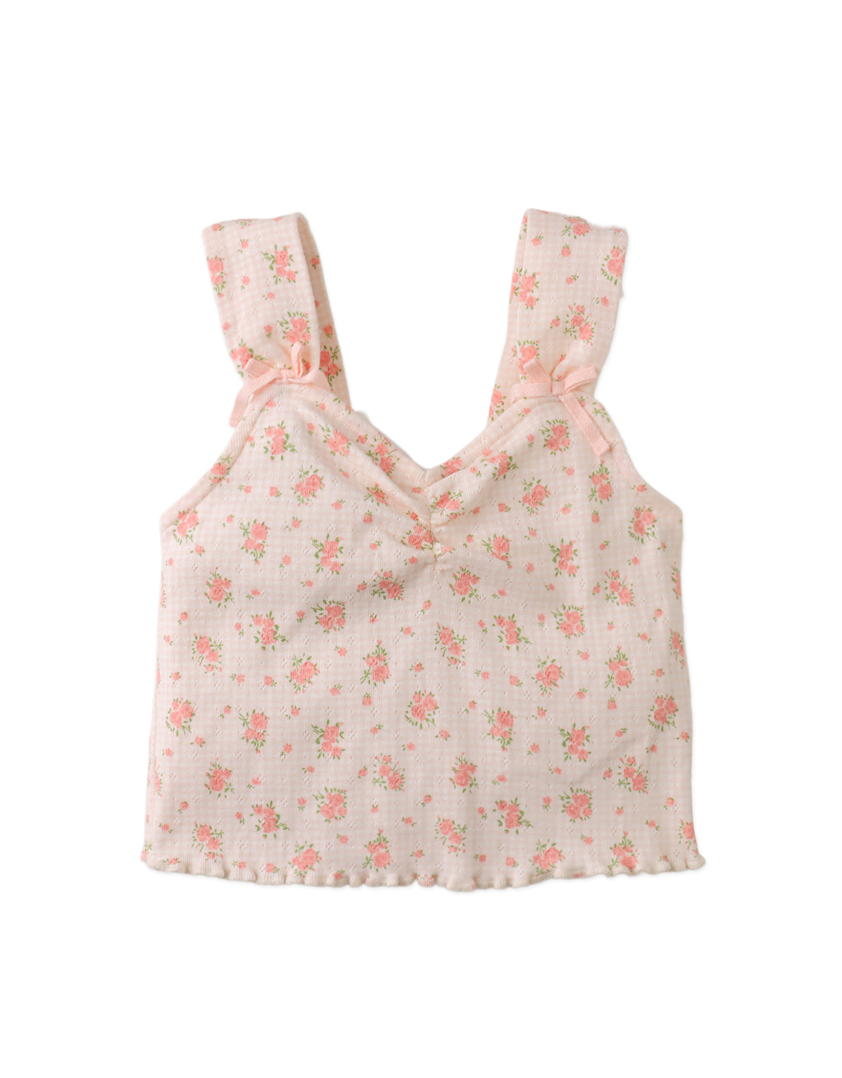 Close-up front top detail of the Lilibet Skirt Set highlighting bow straps and neckline finish.