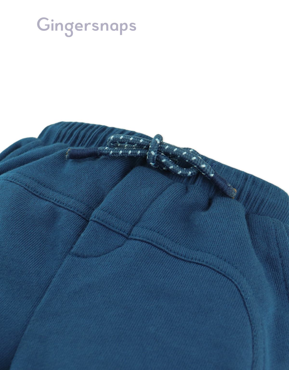 Flatlay front view of the Baby Wes Curved Panel Jogger Pants in blue showing the jogger silhouette and panel details from the Streetwear Inspired collection of Filipino kids fashion brand Gingersnaps.