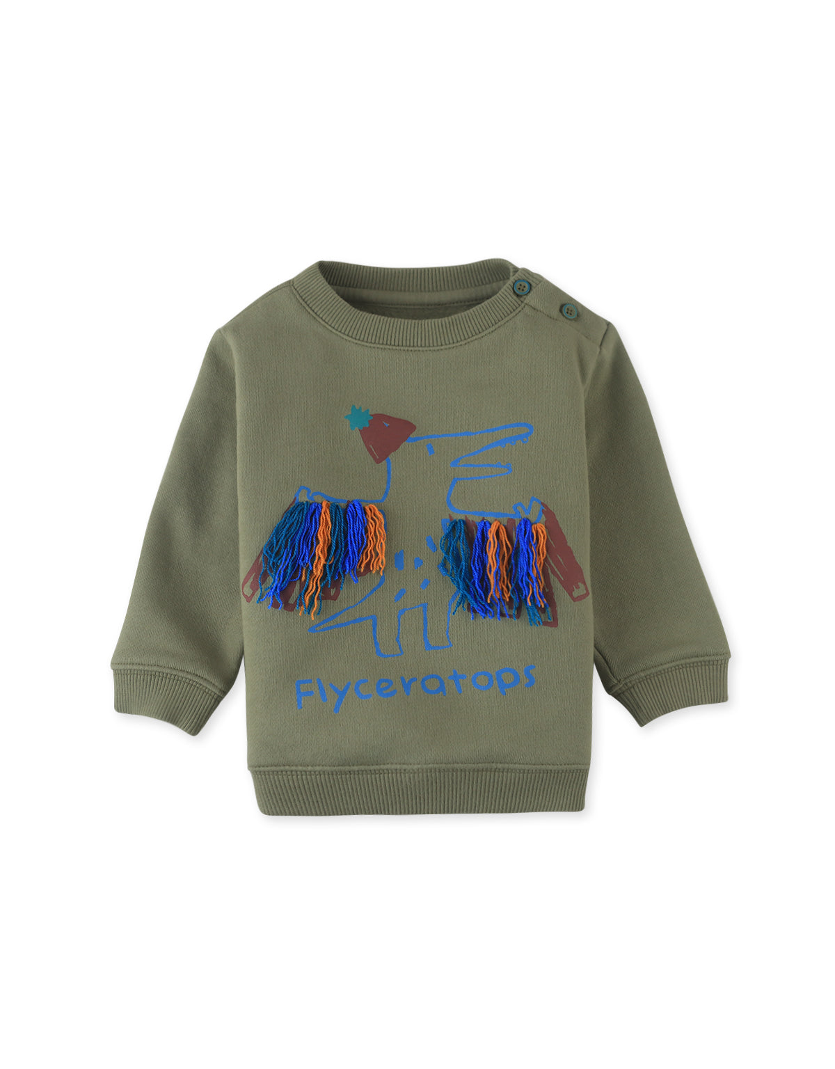 BABY FINCHER SWEATSHIRT ELM WITH FLYCERATOPS PRINT AND YARN CORD ACCENTS